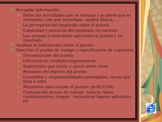 Recopilar información
Sobre las actividades que se realizan y se prevé que se
realizarán, con qué tecnología, medios físicos,...
La percepción del empleado sobre el puesto
Capacidad y potencial del empleado en cuestión
Las normas y estándares aplicables al puesto y su
resultado
Analizar la información sobre el puesto
Describir el puesto de trabajo y especificación de requisitos
Denominación del puesto
Ubicación en unidades organizativas
Supervisión que recibe y ejerce sobre otros
Resumen del objetivo del puesto
Cometidos y responsabilidades principales, tareas que
lleva a cabo
Requisitos para ocupar el puesto: perfil (CHA)
Contexto del puesto de trabajo: entorno físico,
condicionantes, riesgos, normativas legales aplicables,
etc
 