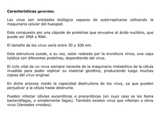 Características  generales. Los virus son entidades biológica capaces de autorreplicarse utilizando la maquinaria celular del huesped.  Esta compuesto por una cápside de proteínas que envuelve al ácido nucléico, que puede ser DNA o RNA. El tamaño de los virus varía entre 30 y 300 nm. Esta estructura puede, a su vez, estar rodeada por la envoltura vírica, una capa lipídica con diferentes proteínas, dependiendo del virus. El ciclo vital de un virus siempre necesita de la maquinaria metabólica de la célula invadida para poder replicar su material genético, produciendo luego muchas copias del virus original. En dicho proceso reside la capacidad destructora de los virus, ya que pueden perjudicar a la célula hasta destruirla. Pueden infectar células eucarióticas o procarióticas (en cuyo caso se les llama bacteriófagos, o simplemente fagos). También existen virus que infectan a otros virus (llamados viroides).  