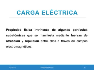 CLASE No.2 CONCEPTOS BÁSICOS 15
Propiedad física intrínseca de algunas partículas
subatómicas que se manifiesta mediante fuerzas de
atracción y repulsión entre ellas a través de campos
electromagnéticos.
 