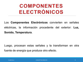 Los Componentes Electrónicos convierten en señales
eléctricas, la información procedente del exterior: Luz,
Sonido, Temperatura.
Luego, procesan estas señales y la transforman en otra
fuente de energía que produce otro efecto.
CLASE No.2 CONCEPTOS BÁSICOS 9
 
