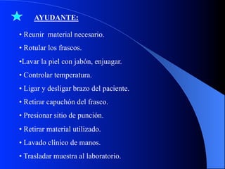 AYUDANTE:
•  Reunir material necesario.
•  Rotular los frascos.
• Lavar la piel con jabón, enjuagar.
•  Controlar temperatura.
•  Ligar y desligar brazo del paciente.
•  Retirar capuchón del frasco.
•  Presionar sitio de punción.
•  Retirar material utilizado.
•  Lavado clínico de manos.
•  Trasladar muestra al laboratorio.

 