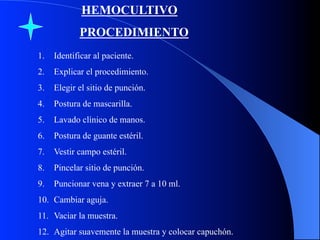 HEMOCULTIVO
PROCEDIMIENTO
1.  Identificar al paciente.
2.  Explicar el procedimiento.
3.  Elegir el sitio de punción.
4.  Postura de mascarilla.
5.  Lavado clínico de manos.
6.  Postura de guante estéril.
7.  Vestir campo estéril.
8.  Pincelar sitio de punción.
9.  Puncionar vena y extraer 7 a 10 ml.
10.  Cambiar aguja.
11.  Vaciar la muestra.
12.  Agitar suavemente la muestra y colocar capuchón.

 