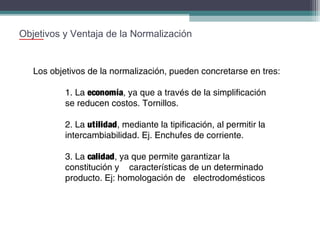 Objetivos y Ventaja de la Normalización

Los objetivos de la normalización, pueden concretarse en tres:
1. La economía, ya que a través de la simplificación
se reducen costos. Tornillos.
2. La utilidad, mediante la tipificación, al permitir la
intercambiabilidad. Ej. Enchufes de corriente.
3. La calidad, ya que permite garantizar la
constitución y características de un determinado
producto. Ej: homologación de electrodomésticos

 