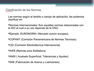 Clasificación de las Normas
Las normas según el ámbito o campo de aplicación, las podemos
clasificar en:
Normas Internacionales: Son aquellas normas relacionadas con
la ISO el cual a su ves depende de la ONU.
Ejemplo: EURONORM ( Mercado común europeo).
COPANT (Comisión Panamericana de Normas Técnicas).
CEI (Comisión Electrotécnica Internacional)
AWS (Normas para Soldadura)
ANSI ( Acabado Superficial, Tolerancias y Ajustes)
SAE (Fabricación de Aceros y Lubricantes)

 