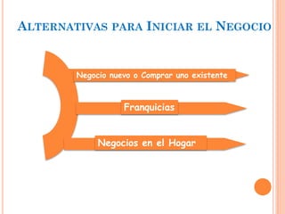 ALTERNATIVAS PARA INICIAR EL NEGOCIO
Negocio nuevo o Comprar uno existente
Franquicias
Negocios en el Hogar
 