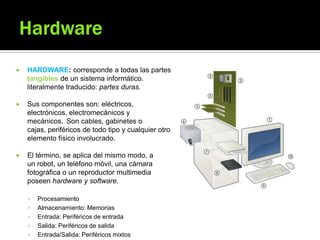  HARDWARE: corresponde a todas las partes
tangibles de un sistema informático.
literalmente traducido: partes duras.
 Sus componentes son: eléctricos,
electrónicos, electromecánicos y
mecánicos. Son cables, gabinetes o
cajas, periféricos de todo tipo y cualquier otro
elemento físico involucrado.
 El término, se aplica del mismo modo, a
un robot, un teléfono móvil, una cámara
fotográfica o un reproductor multimedia
poseen hardware y software.
 Procesamiento
 Almacenamiento: Memorias
 Entrada: Periféricos de entrada
 Salida: Periféricos de salida
 Entrada/Salida: Periféricos mixtos
 