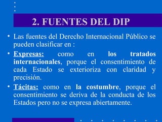 2. FUENTES DEL DIP
• Las fuentes del Derecho Internacional Público se
pueden clasificar en :
• Expresas:
como
en
los
tratados
internacionales, porque el consentimiento de
cada Estado se exterioriza con claridad y
precisión.
• Tácitas: como en la costumbre, porque el
consentimiento se deriva de la conducta de los
Estados pero no se expresa abiertamente.

 