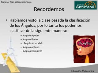 Profesor Alan Valenzuela Tapia

Recordemos
• Habíamos visto la clase pasada la clasificación
de los Ángulos, por lo tanto los podemos
clasificar de la siguiente manera:
–
–
–
–
–

Ángulo Agudo.
Ángulo Recto
Ángulo extendido.
Ángulo obtuso.
Ángulo Completo

Educación Matemática

 