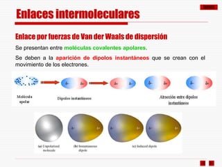 ÍNDICE
Enlace por fuerzas de Van der Waals de dispersión
Se presentan entre moléculas covalentes apolares.
Se deben a la aparición de dipolos instantáneos que se crean con el
movimiento de los electrones.
Enlaces intermoleculares
 