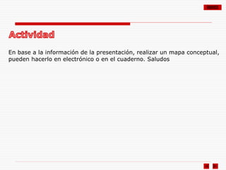 ÍNDICE
En base a la información de la presentación, realizar un mapa conceptual,
pueden hacerlo en electrónico o en el cuaderno. Saludos
 