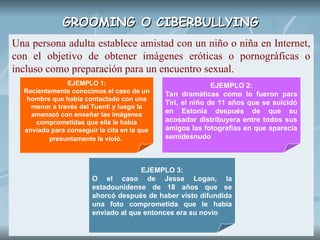 GROOMING
GROOMING O CIBERBULLYING
O CIBERBULLYING
Una persona adulta establece amistad con un niño o niña en Internet,
con el objetivo de obtener imágenes eróticas o pornográficas o
incluso como preparación para un encuentro sexual.
EJEMPLO 1:
Recientemente conocimos el caso de un
hombre que había contactado con una
menor a través del Tuenti y luego la
amenazó con enseñar las imágenes
comprometidas que ella le había
enviado para conseguir la cita en la que
presuntamente la violó.
EJEMPLO 2:
Tan dramáticas como lo fueron para
Tiri, el niño de 11 años que se suicidó
en Estonia después de que su
acosador distribuyera entre todos sus
amigos las fotografías en que aparecía
semidesnudo
EJEMPLO 3:
O el caso de Jesse Logan, la
estadounidense de 18 años que se
ahorcó después de haber visto difundida
una foto comprometida que le había
enviado al que entonces era su novio
 
