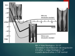 RN -> Varo fisiológico: 10-15°
18 meses-> neutralización de angulación
2-3 años -> valgo fisiológico: 15°
A partir de los 8 años -> 7-8° normal
 
