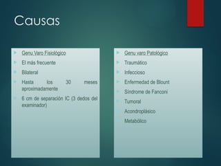 Causas
 Genu Varo Fisiológico
 El más frecuente
 Bilateral
 Hasta los 30 meses
aproximadamente
 6 cm de separación IC (3 dedos del
examinador)
 Genu varo Patológico
 Traumático
 Infeccioso
 Enfermedad de Blount
 Síndrome de Fanconi
 Tumoral
 Acondroplásico
 Metabólico
 