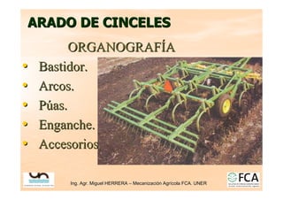Ing. Agr. Miguel HERRERA
Ing. Agr. Miguel HERRERA –
– Mecanizaci
Mecanizació
ón Agr
n Agrí
ícola FCA. UNER
cola FCA. UNER
ARADO DE CINCELES
ARADO DE CINCELES
ORGANOGRAF
ORGANOGRAFÍ
ÍA
A
•
• Bastidor
Bastidor.
.
•
• Arcos
Arcos.
.
•
• P
Pú
úas
as.
.
•
• Enganche.
Enganche.
•
• Accesorios
Accesorios
 