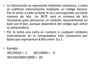 • La información se representa mediante caracteres, y estos
se codifican internamente mediante un código binario.
Por lo tanto, a cada carácter le va a corresponder un cierto
número de bits. Un BYTE será el número de bits
necesarios para almacenar un carácter. Generalmente un
byte son 8 bits, aunque dependerá del código que utilice
la computadora.
• Por lo tanto una Letra un numero o cualquier símbolos
internamente en la computadora esta compuesta por
Bytes que representan 8 Bits entre 0 y 1
• Ejemplo
00110010 = 2 00110000 = 0
0011001000110000 = 20
 