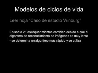 Modelos de ciclos de vida Leer hoja “Caso de estudio Winburg” Episodio 2: los requerimientos cambian debido a que el algoritmo de reconocimiento de imágenes es muy lento - se determina un algoritmo más rápido y se utiliza 