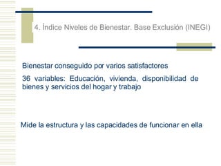 4. Índice Niveles de Bienestar. Base Exclusión (INEGI) Bienestar conseguido por varios satisfactores 36 variables: Educación, vivienda, disponibilidad de bienes y servicios del hogar y trabajo Mide la estructura y las capacidades de funcionar en ella 