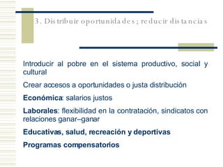 Introducir al pobre en el sistema productivo, social y cultural Crear accesos a oportunidades o justa distribución Económica : salarios justos Laborales : flexibilidad en la contrataci ón, sindicatos con relaciones  ganar–ganar  Educativas, salud, recreación y deportivas Programas compensatorios 3. Distribuir oportunidades; reducir distancias 