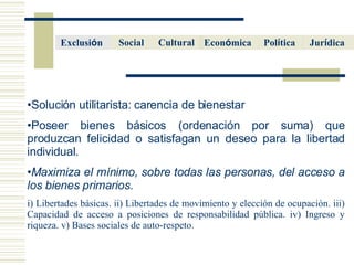 Soluci ón utilitarista:  carencia de bienestar  Poseer bienes básicos (ordenación por suma) que produzcan felicidad o satisfagan un deseo para la libertad individual. Maximiza el mínimo, sobre todas las personas, del acceso a los bienes primarios. i) Libertades básicas. ii) Libertades de movimiento y elección de ocupación. iii) Capacidad de acceso a posiciones de responsabilidad pública. iv) Ingreso y riqueza. v) Bases sociales de auto-respeto. Cultural  Econ ó mica   Pol í tica   Social Jur í dica   Exclusi ó n  
