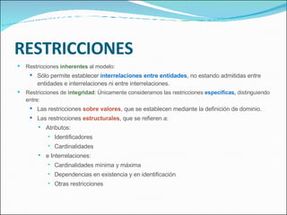 RESTRICCIONES Restricciones  inherentes  al modelo: Sólo permite establecer  interrelaciones entre entidades , no estando admitidas entre entidades e interrelaciones ni entre interrelaciones. Restricciones de  integridad : Únicamente consideramos las restricciones  específicas,  distinguiendo entre: Las restricciones  sobre valores , que se establecen mediante la definición de dominio. Las restricciones  estructurales , que se refieren a: Atributos: Identificadores Cardinalidades e Interrelaciones: Cardinalidades mínima y máxima Dependencias en existencia y en identificación Otras restricciones 
