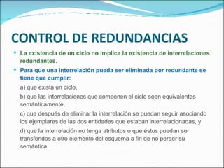CONTROL DE REDUNDANCIAS La existencia de un ciclo no implica la existencia de interrelaciones redundantes. Para que una interrelación pueda ser eliminada por redundante se tiene que cumplir: a) que exista un ciclo, b) que las interrelaciones que componen el ciclo sean equivalentes  semánticamente, c) que después de eliminar la interrelación se puedan seguir asociando los ejemplares de las dos entidades que estaban interrelacionadas, y d) que la interrelación no tenga atributos o que éstos puedan ser transferidos a otro elemento del esquema a fin de no perder su semántica. 