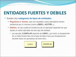 ENTIDADES FUERTES Y DEBILES Existen dos  categorías de tipos de entidades : Regulares   o  fuertes , que son aquellas cuyos ejemplares tienen existencia por sí mismos (como  LIBRO  y  AUTOR ), y Débiles , en las cuales la existencia de un ejemplar depende de que exista un cierto ejemplar de otro tipo de entidad: por ejemplo,  EJEMPLAR  depende de  LIBRO , y por tanto, la desaparición de un determinado libro de la base de datos hace que desaparezcan también todos los ejemplares de dicho libro. 