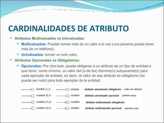 CARDINALIDADES DE ATRIBUTO <ul><li>Atributos Multivaluados vs Univaluados : </li></ul><ul><ul><li>Multivaluados:  Pueden t...