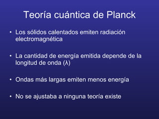Teoría cuántica de Planck Los sólidos calentados emiten radiación electromagnética La cantidad de energía emitida depende de la longitud de onda ( λ ) Ondas más largas emiten menos energía No se ajustaba a ninguna teoría existe 