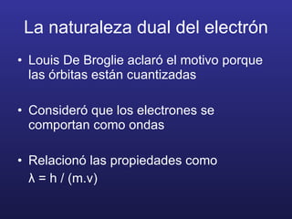 La naturaleza dual del electrón Louis De Broglie aclaró el motivo porque las órbitas están cuantizadas Consideró que los electrones se comportan como ondas Relacionó las propiedades como λ  = h / (m.v) 