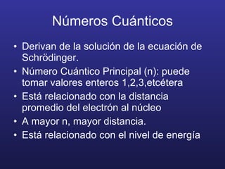 Números Cuánticos Derivan de la solución de la ecuación de Schr ödinger. Número Cuántico Principal (n): puede tomar valores enteros 1,2,3,etcétera Está relacionado con la distancia promedio del electrón al núcleo A mayor n, mayor distancia.  Está relacionado con el nivel de energía 