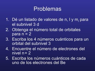 Problemas Dé un listado de valores de n, l y m l  para el subnivel 3 d Obtenga el número total de orbitales para n = 2 Escriba los 4 números cuánticos para un orbital del subnivel 3 Encuentre el número de electrones del nivel n = 2 Escriba los números cuánticos de cada uno de los electrones del Be 