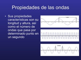 Propiedades de las ondas Sus propiedades características son su longitud y altura, así como el número de ondas que pasa por determinado punto en un segundo  