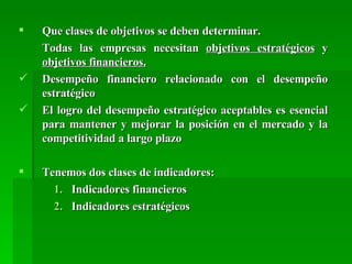 Que clases de objetivos se deben determinar. Todas las empresas necesitan  objetivos estratégicos  y  objetivos financieros. Desempeño financiero relacionado con el desempeño estratégico El logro del desempeño estratégico aceptables es esencial para mantener y mejorar la posición en el mercado y la competitividad a largo plazo Tenemos dos clases de indicadores: Indicadores financieros  Indicadores estratégicos 