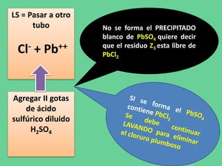 LS = Pasar a otro
tubo
Cl- + Pb++
Agregar II gotas
de ácido
sulfúrico diluido
H2SO4
No se forma el PRECIPITADO
blanco de PbSO4 quiere decir
que el residuo Z3 esta libre de
PbCl2
 