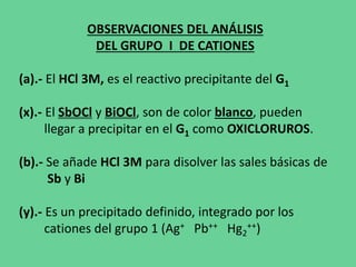 OBSERVACIONES DEL ANÁLISIS
DEL GRUPO I DE CATIONES
(a).- El HCl 3M, es el reactivo precipitante del G1
(x).- El SbOCl y BiOCl, son de color blanco, pueden
llegar a precipitar en el G1 como OXICLORUROS.
(b).- Se añade HCl 3M para disolver las sales básicas de
Sb y Bi
(y).- Es un precipitado definido, integrado por los
cationes del grupo 1 (Ag+ Pb++ Hg2
++)
 