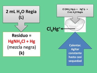 Cl (NH2) Hg↓ + Hg0↓ +
2 mL H2O Regia
Calentar.
Agitar
constante
hasta casi
sequedad
Residuo =
HgNH2Cl + Hg
(mezcla negra)
(k)
2 mL H2O Regia
(L)
Cl4Hg=
 