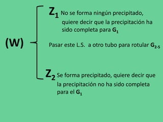 Z1 No se forma ningún precipitado,
quiere decir que la precipitación ha
sido completa para G1
Pasar este L.S. a otro tubo para rotular G2-5(W)
Z2 Se forma precipitado, quiere decir que
la precipitación no ha sido completa
para el G1
 