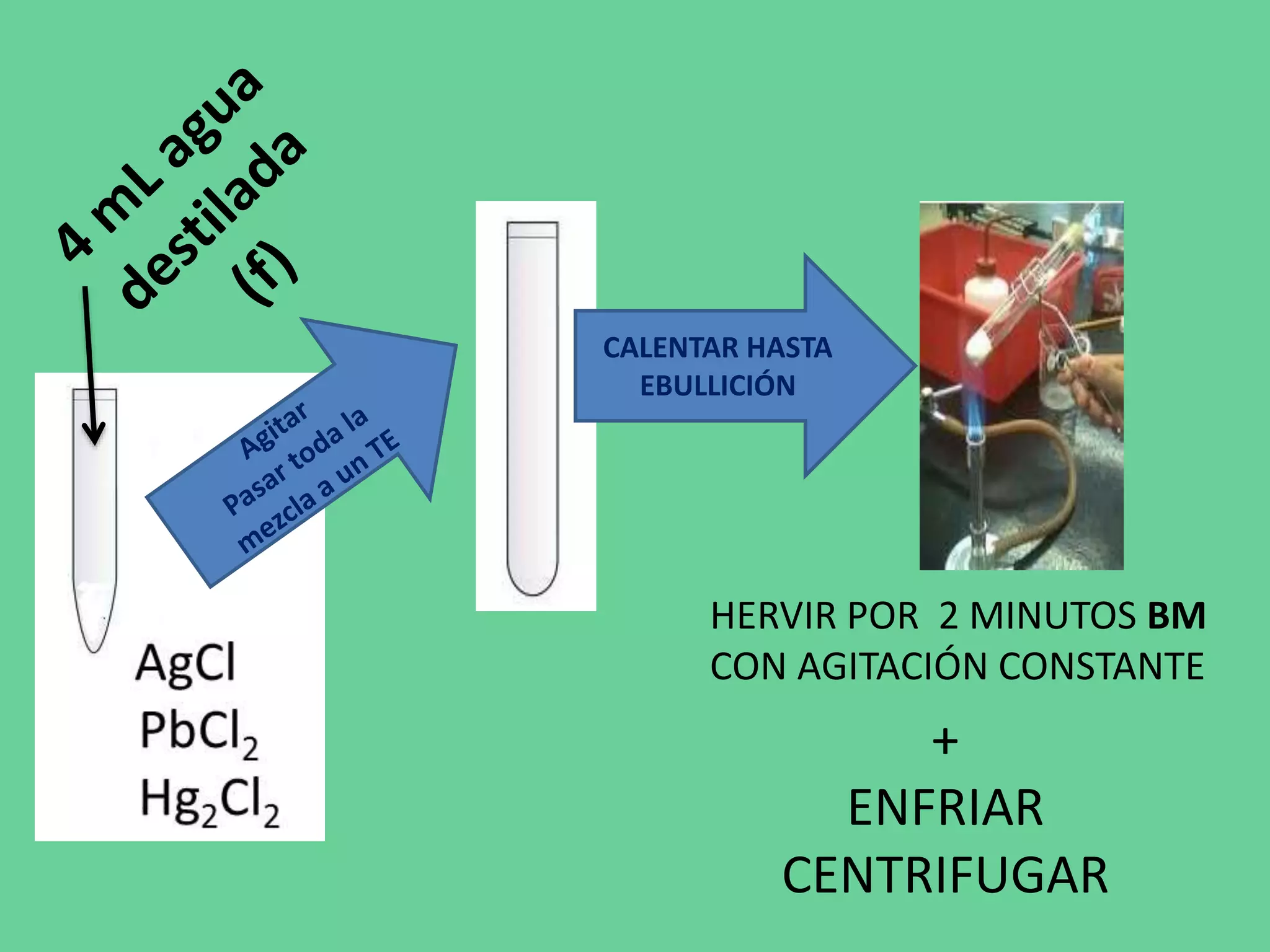 CALENTAR HASTA
EBULLICIÓN
HERVIR POR 2 MINUTOS BM
CON AGITACIÓN CONSTANTE
+
ENFRIAR
CENTRIFUGAR
 