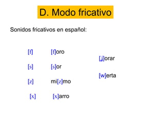 D. Modo fricativo
Sonidos fricativos en español:
 