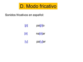 D. Modo fricativo
Sonidos fricativos en español:
 