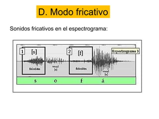 D. Modo fricativo
Sonidos fricativos en el espectrograma:
 