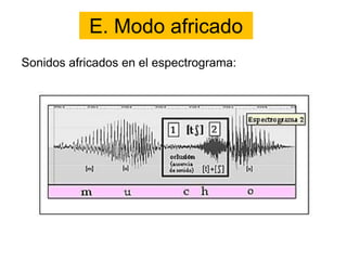 E. Modo africado
Sonidos africados en el espectrograma:
 