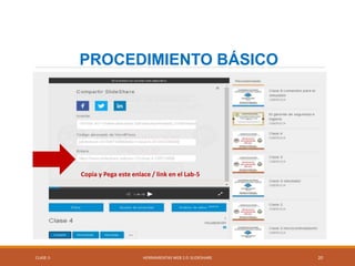 CLASE-5 HERRAMIENTAS WEB 2.0: SLIDESHARE 20
PROCEDIMIENTO BÁSICO
Copia y Pega este enlace / link en el Lab-5
 