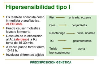 Hipersensibilidad tipo I
   Es también conocida como       Piel          urticaria, eczema
    inmediata o anafiláctica.
    ALERGIAS.                      Ojos             conjuntivitis
   Puede causar molestias
    leves o la muerte.             Nasofaringe          rinitis, rinorrea
   Después de la exposición
    al Ag,(alergeno) la Rx         TGI               gastroenteritis
    toma de 15-30 min.
   A veces puede tardar entre     Tejido                asma
    10-12 h.
                                   broncopulmonar
   Involucra diferentes tejidos

                     PREDISPOSICION GENETICA
 