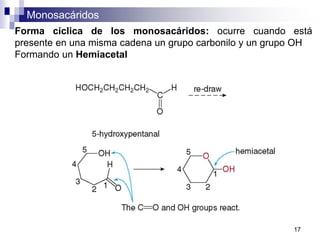 Monosacáridos
17
Forma cíclica de los monosacáridos: ocurre cuando está
presente en una misma cadena un grupo carbonilo y un grupo OH
Formando un Hemiacetal
 