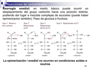 Reacciones de carbohidratos
28
Rearreglo enediol: en medio básico puede ocurrir un
desplazamiento del grupo carbonilo hacia una posición distinta,
pudiendo dar lugar a mezclas complejas de azucares (puede haber
epimerizacion también). Paso de glucosa a fructosa
La epimerización / enediol no ocurren en condiciones acidas o
neutras
 