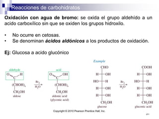 Reacciones de carbohidratos
31
Oxidación con agua de bromo: se oxida el grupo aldehído a un
acido carboxílico sin que se oxiden los grupos hidroxilo.
• No ocurre en cetosas.
• Se denominan ácidos aldónicos a los productos de oxidación.
Ej: Glucosa a acido glucónico
 