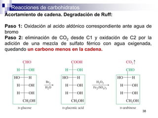 Reacciones de carbohidratos
38
Acortamiento de cadena. Degradación de Ruff:
Paso 1: Oxidación al acido aldónico correspondiente ante agua de
bromo
Paso 2: eliminación de CO2 desde C1 y oxidación de C2 por la
adición de una mezcla de sulfato férrico con agua oxigenada,
quedando un carbono menos en la cadena.
 