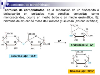 Reacciones de carbohidratos
42
Hidrólisis de carbohidratos: es la separación de un disacárido o
polisacárido en unidades mas sencillas conocidas como
monosacáridos, ocurre en medio ácido o en medio enzimático. Ej:
hidrolisis de azúcar de mesa da Fructosa y Glucosa (azúcar invertida)
Sacarosa [α]D: +66.5º
Fructosa [α]D: -92º
Glucosa [α]D:+52.5º
 