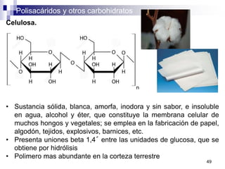 Polisacáridos y otros carbohidratos
49
Celulosa.
• Sustancia sólida, blanca, amorfa, inodora y sin sabor, e insoluble
en agua, alcohol y éter, que constituye la membrana celular de
muchos hongos y vegetales; se emplea en la fabricación de papel,
algodón, tejidos, explosivos, barnices, etc.
• Presenta uniones beta 1,4´ entre las unidades de glucosa, que se
obtiene por hidrólisis
• Polimero mas abundante en la corteza terrestre
 